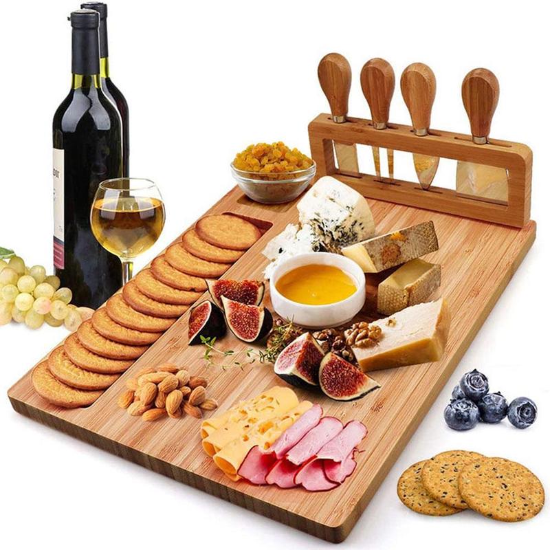 Bamboo Cheese Board Full Set - Cheese Platter Set With Cutleries